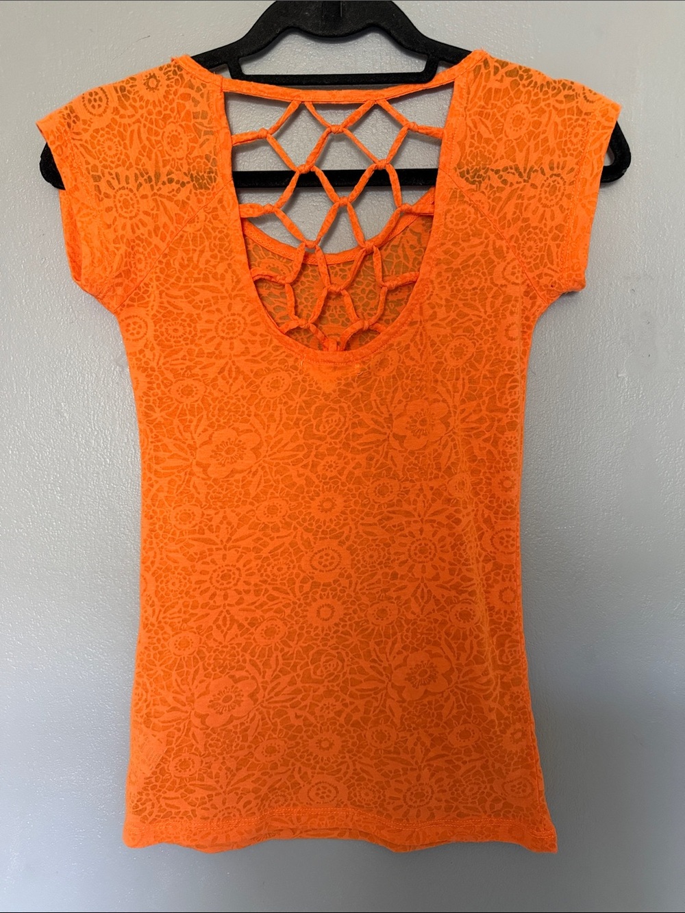 Derek Heart Boho Floral Strappy Lattice Back Sheer Orange Lace Tee S - Picture 6 of 9